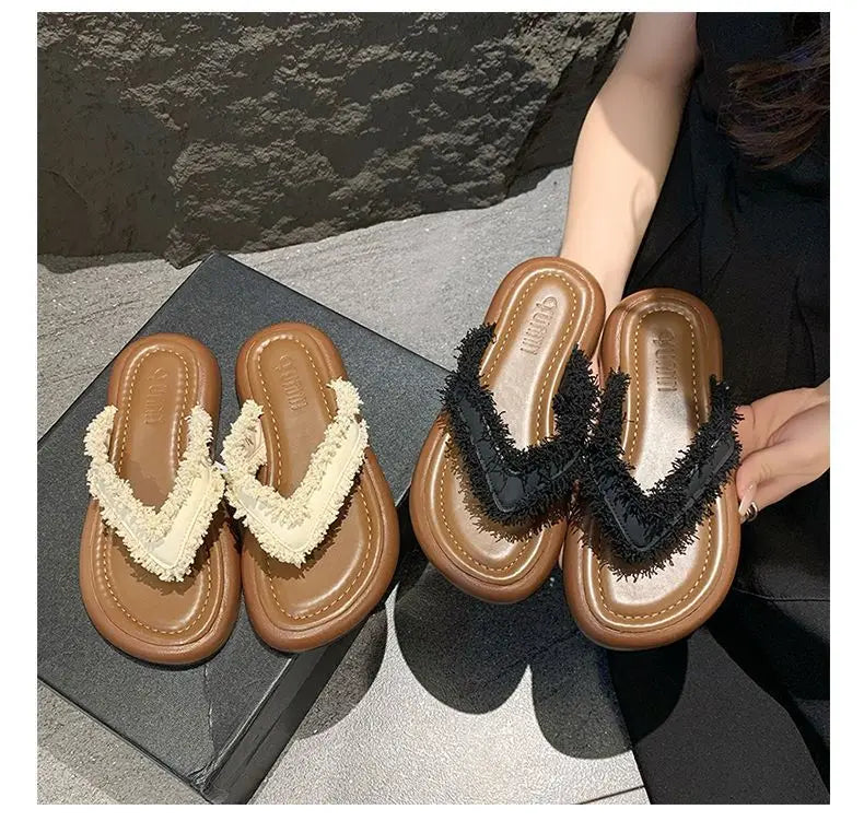 Daily Wear Fashion Slippers Women's Fringe Trim Flip Flops - Casual Flat Thong Sandals for Summer, Beach & Dress Outfits