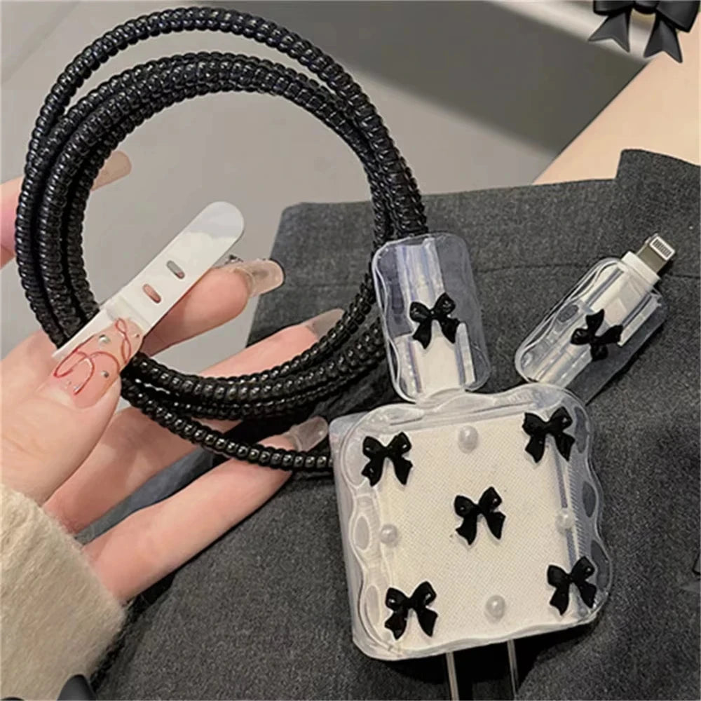 Korean Clear Black Bow Charge Protective Case For iPhone 18W-20W US Data Line Charger Protector Cover Charger Sleeve Accessories