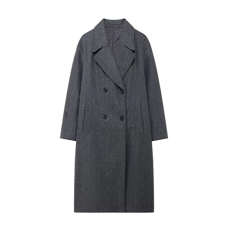 Vintage Women's Striped Woolen Overcoat Long Sleeve Fashion Lapel Oversized Coat 2025 Autumn Winter Commute Jacket for Ladies