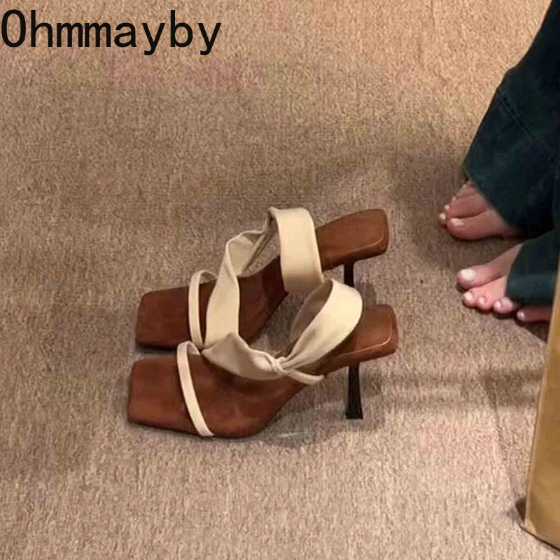 Luxury Designer Summer Women Sandals Fashion Square Toe High Heel Party Dress Shoes Banquet Striptease Sandalias
