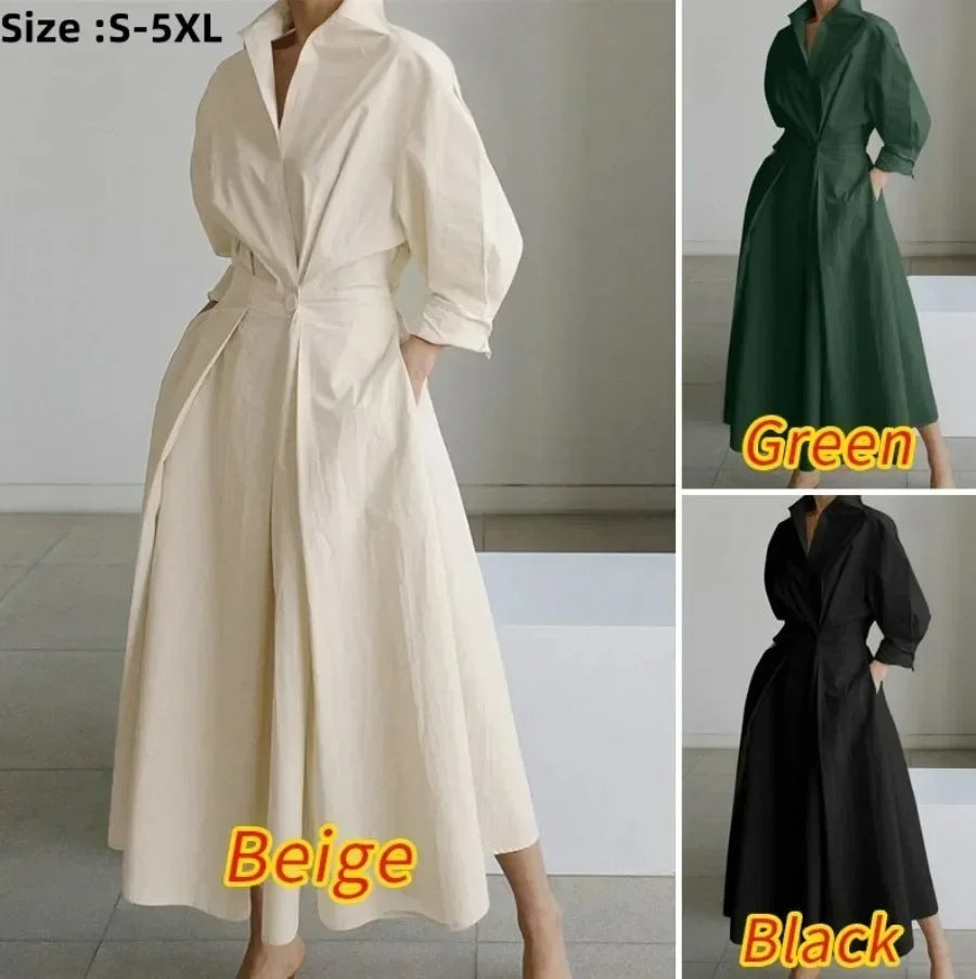 2026 Women's Oversized Elegant Cotton Linen Sundress Lapel Neck High Waist Long Sleeve Long Shirt Dress OL Vestidos Robe Femme