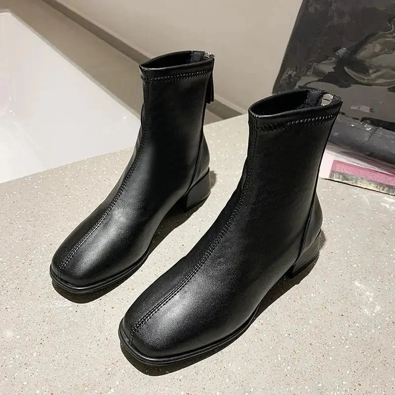 Women's Winter Short Boots White Fleece Lined Square Toe Booties Spring Autumn Seasonal Fashionable Thick Heel Ankle Boots