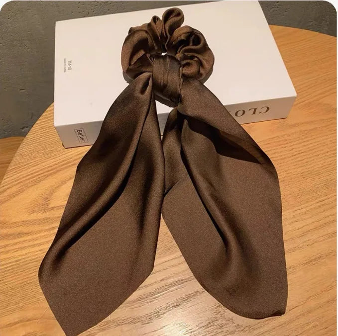 Ins Fashion Satin Hair Scarf Large Bowknot Head Bands Women Elegant Brown Scarf Hair Bands Retro Ponytail Elastic Hair Ties