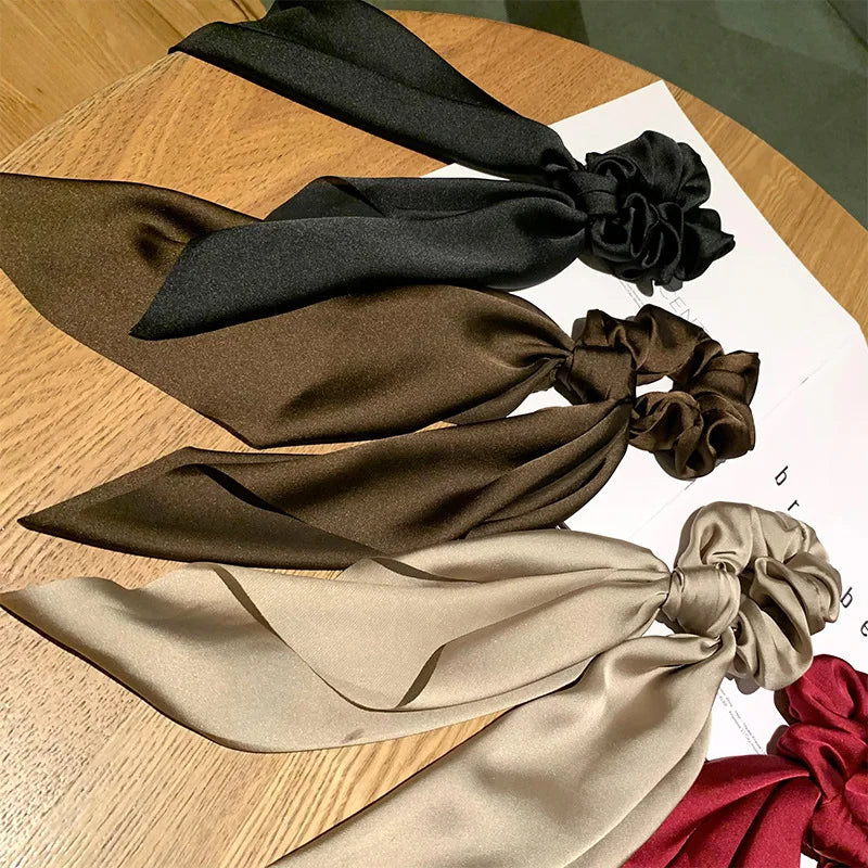 Ins Fashion Satin Hair Scarf Large Bowknot Head Bands Women Elegant Brown Scarf Hair Bands Retro Ponytail Elastic Hair Ties