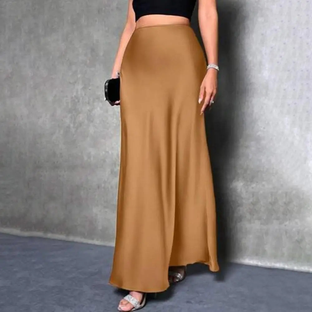 Women Fishtail Skirt Elegant High Waist Flattering Silhouette Satin Skirt Solid Color Smooth Surface A-Line Maxi Skirt