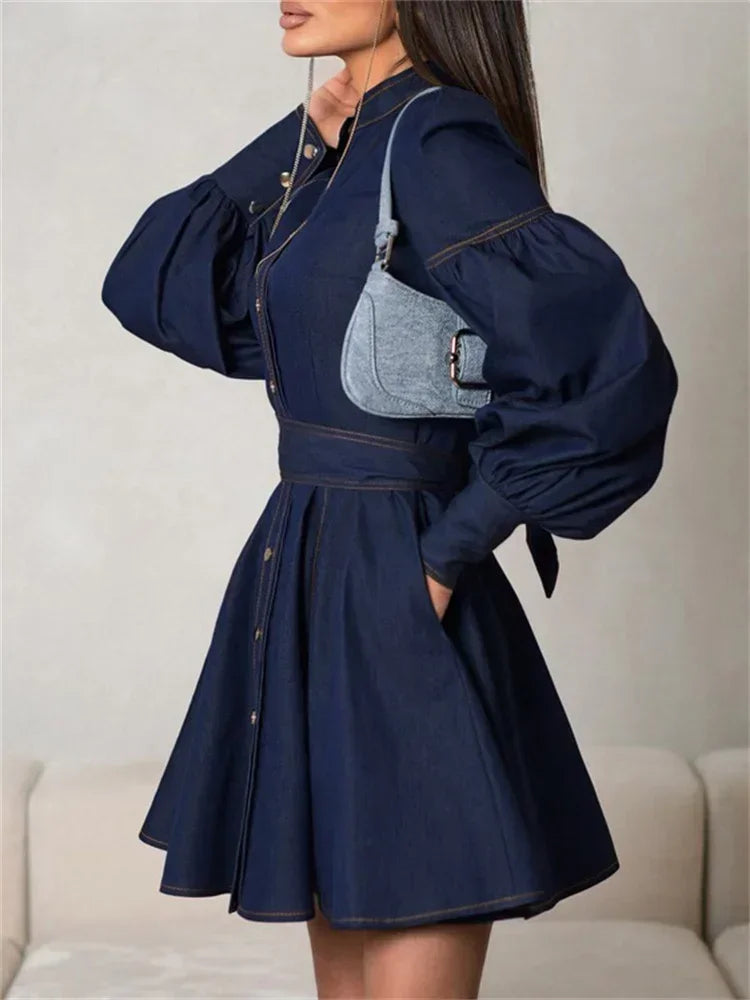 Denim Dresses Women 2024 Autumn Fashion Vintage Lace Up Long Sleeve Mini Dress Street Trendy High Waist Elegant Dress