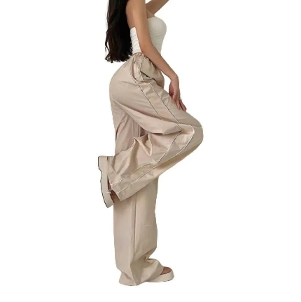 Women's Fashion Drawstring Both Sides Casual Elastic Waist Sports Pants High waist Loose Wide Leg Pants Trousers