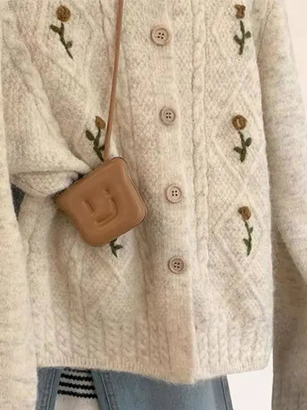 Korean Style Embroidered Knitwear Long Sleeve round Neck Women's Outerwear Spring Autumn New Style Thickened Cardigan Top