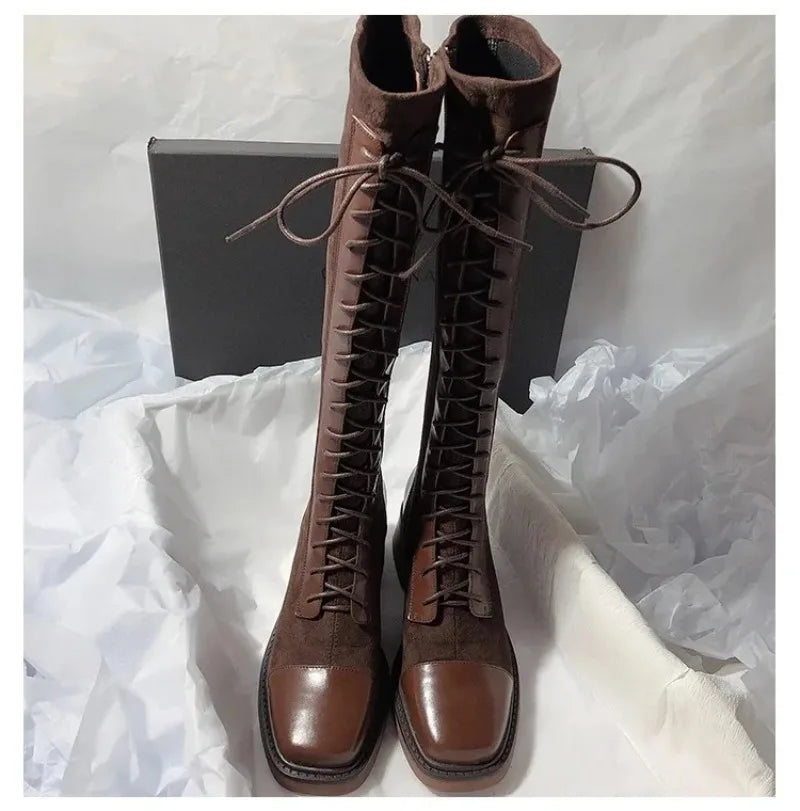 Women's Knee-high Boots High Quality Suede Leather Boot Lace Up Slim Long Tube Boots Knee-high Chelsea Boot Women Fashion Boots