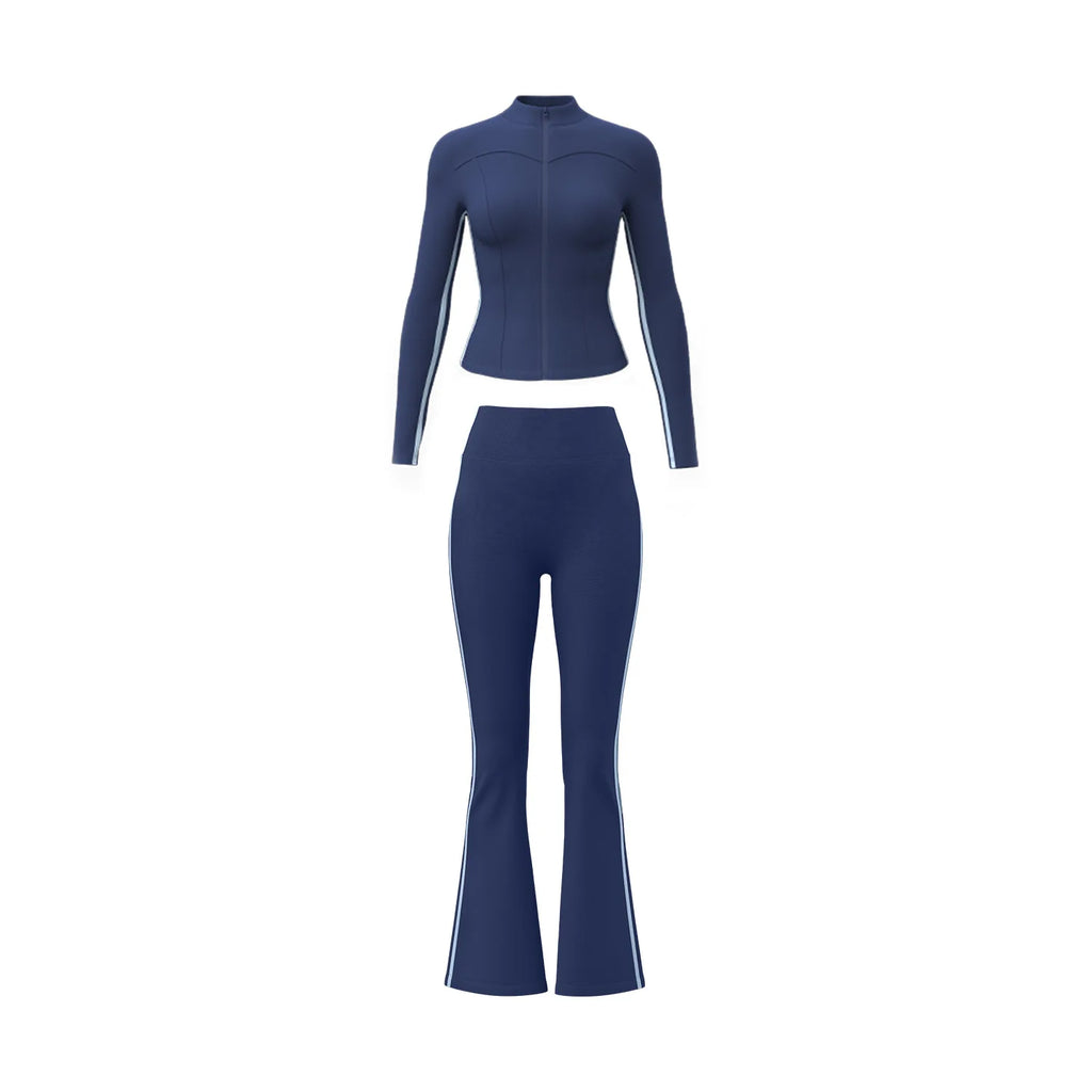 Striped 2pcs Yoga Gym Set Women Long Sleeve Zipper Sport Jacket Hip Lifting Leggings Fitness Running Tops Flare Pants Tracksuit