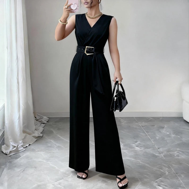 Women's Red Sleeveless V-Neck Pants  Belted Tie Waist Wide Leg Jumpsuit Casual Daily Office Party Elegant Romper Bodysuits