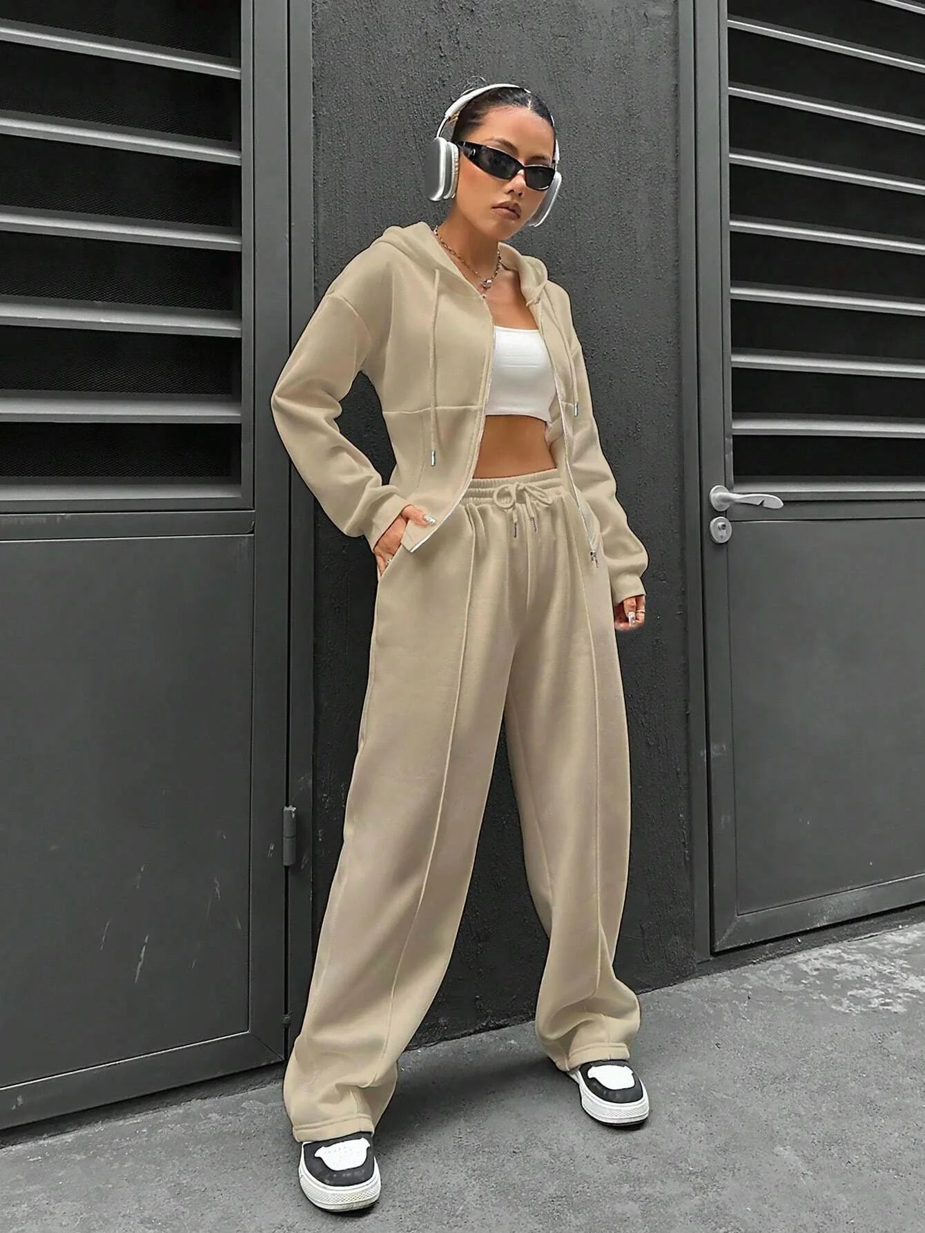 Sweatshirt Two-piece Set Women's Casual Sports Suit Spring Autumn Zip-up Slim Hoodies Short Coat Straight Trousers 2-piece Sets