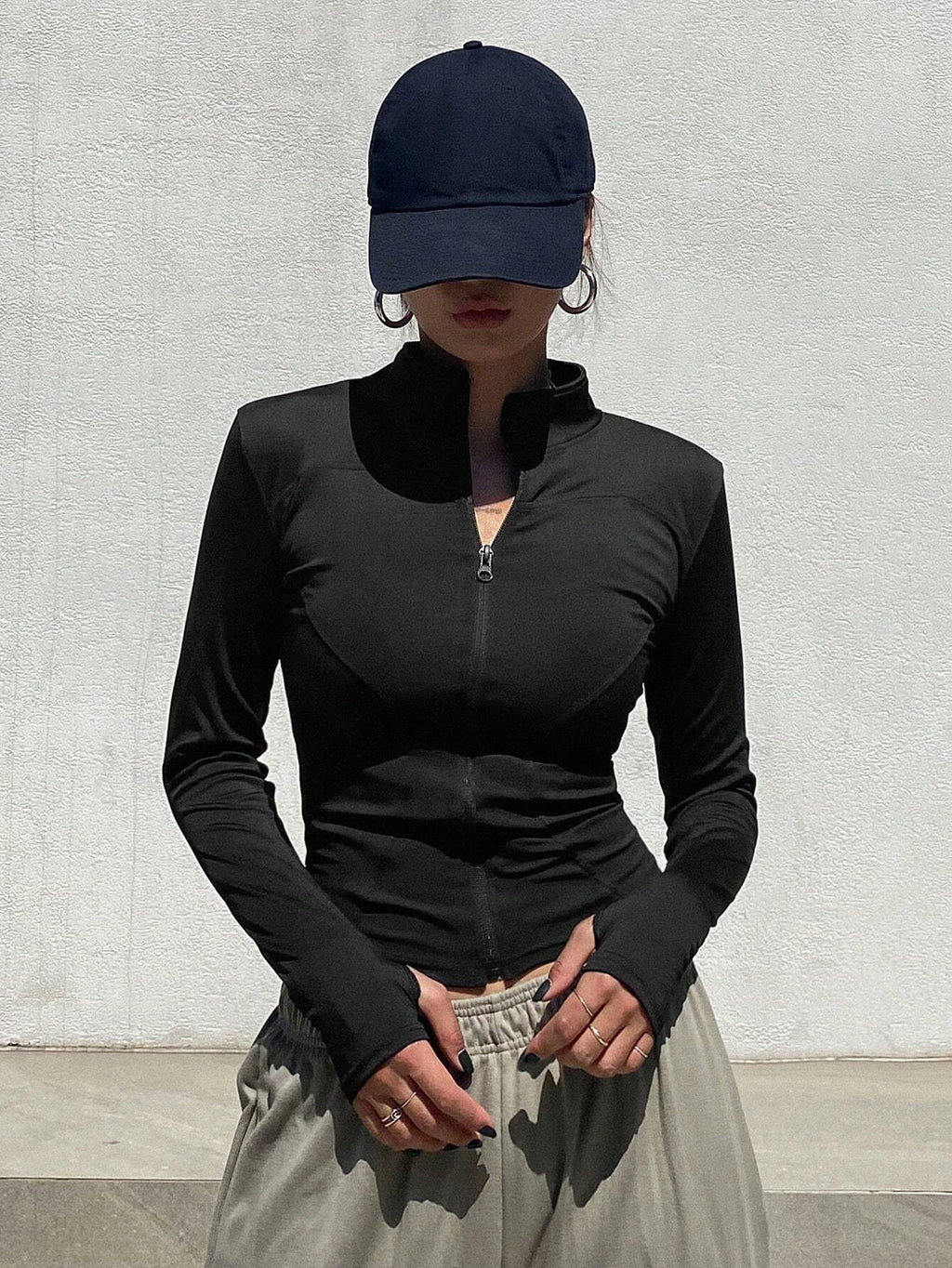 Women's Sport Zipper Closure Slim Fit Crop Jacket Solid Color Stand-up Collar Long Sleeve Yoga Clothes Spring/Autumn Streetwear
