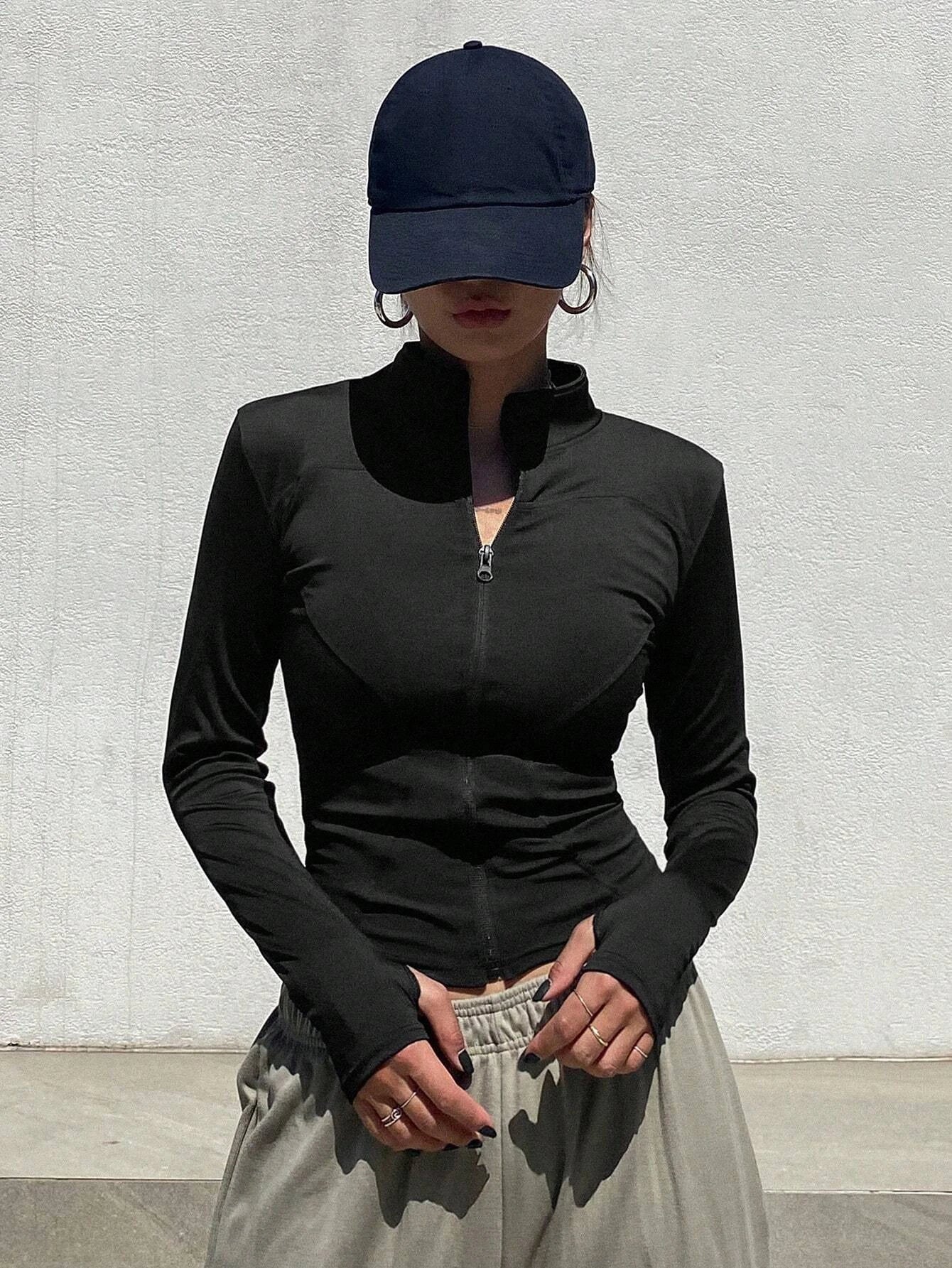Women's Sport Zipper Closure Slim Fit Crop Jacket Solid Color Stand-up Collar Long Sleeve Yoga Clothes Spring/Autumn Streetwear