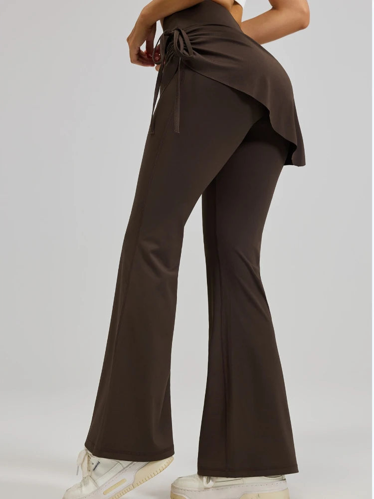 Women's Flared Yoga Pants High Waist Fake Two Piece Drawstring Pleated Wrap Skirt Trouser Tummy Control Running Workout Pants