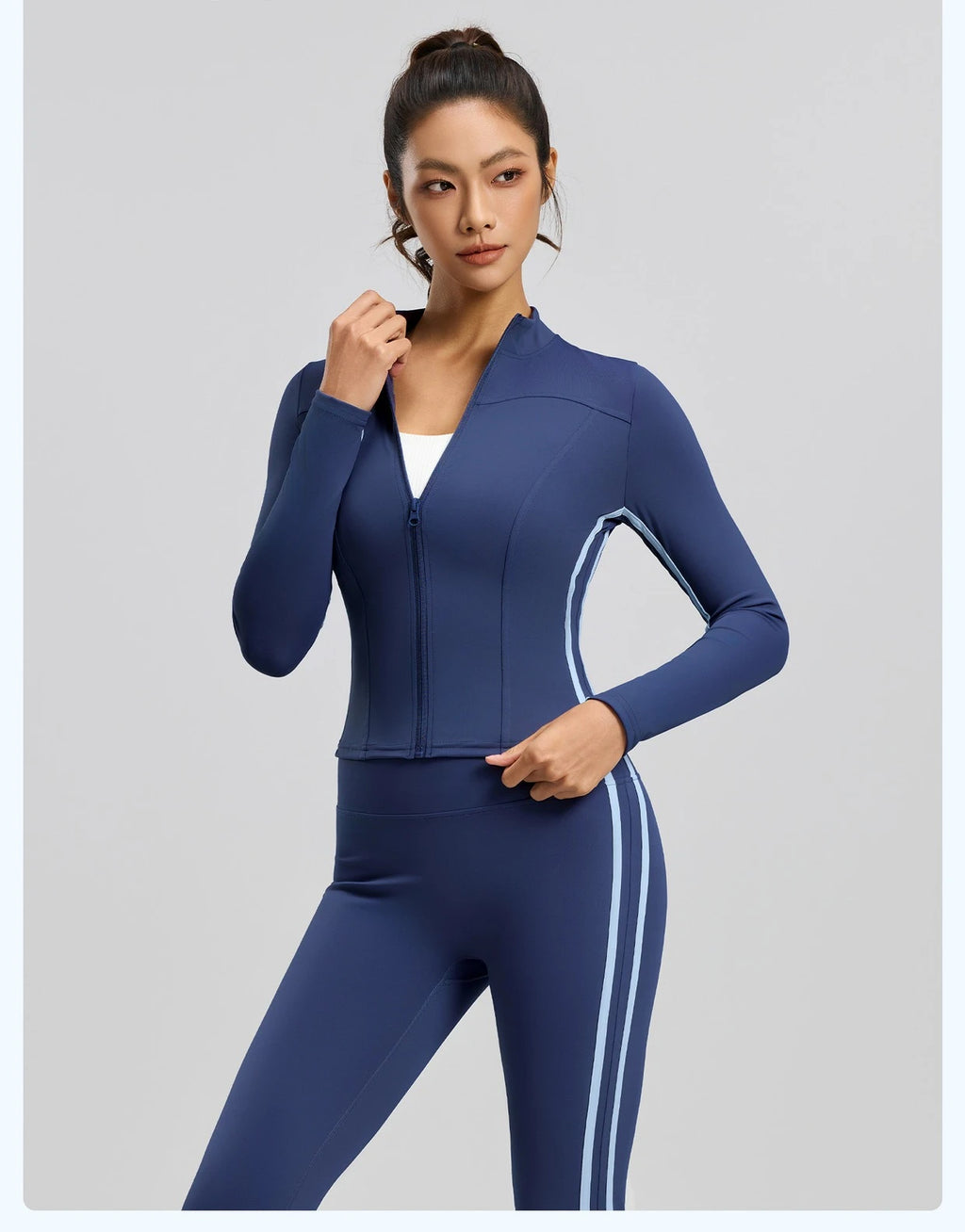 Striped 2pcs Yoga Gym Set Women Long Sleeve Zipper Sport Jacket Hip Lifting Leggings Fitness Running Tops Flare Pants Tracksuit
