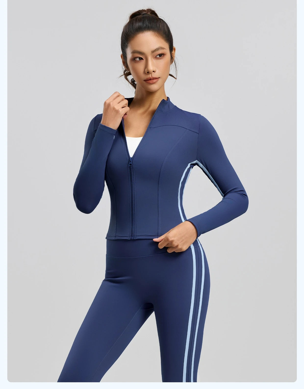 Striped 2pcs Yoga Gym Set Women Long Sleeve Zipper Sport Jacket Hip Lifting Leggings Fitness Running Tops Flare Pants Tracksuit