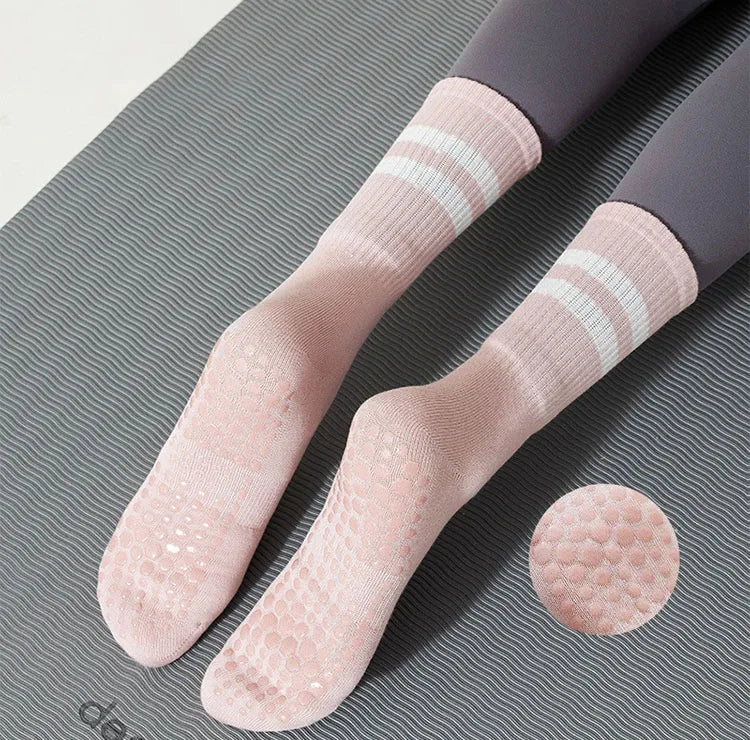 4 Pairs of Mid Tube Double Bar Striped Yoga Socks Anti Slip Dance Sports Breathable Socks Fitness Pilates Cotton Socks