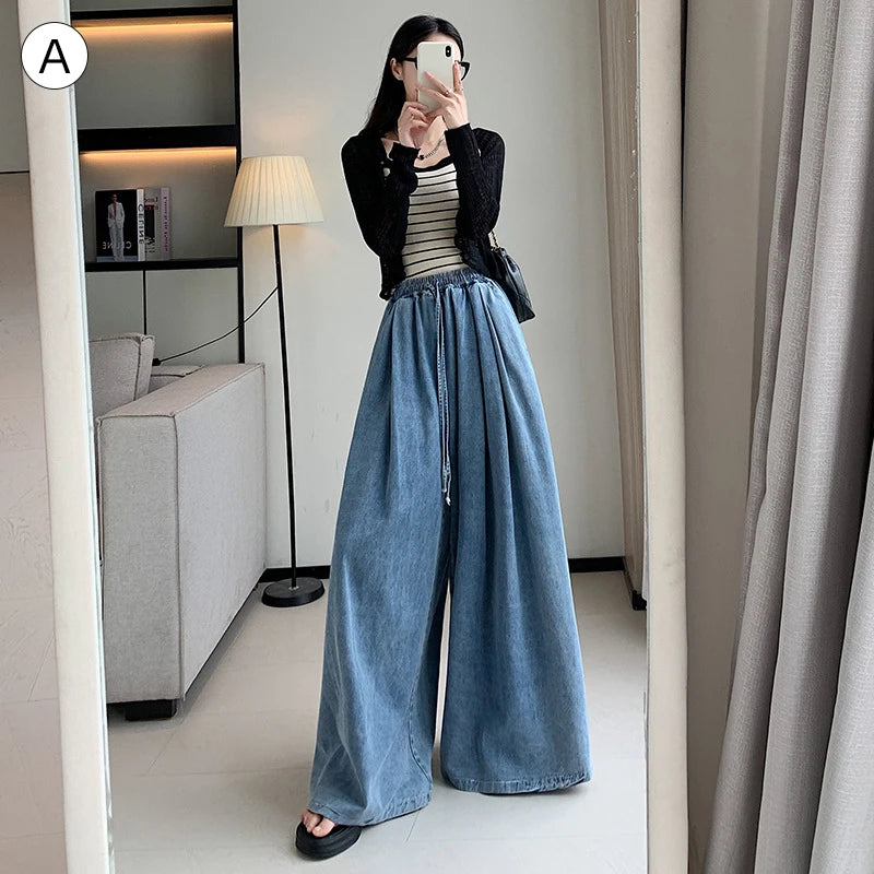 Spring NEW Elastic Waist Loose-Fit Plus Size Women's Jeans Slimming Wide-Leg Ground-Length Simple Culottes Casual Pants