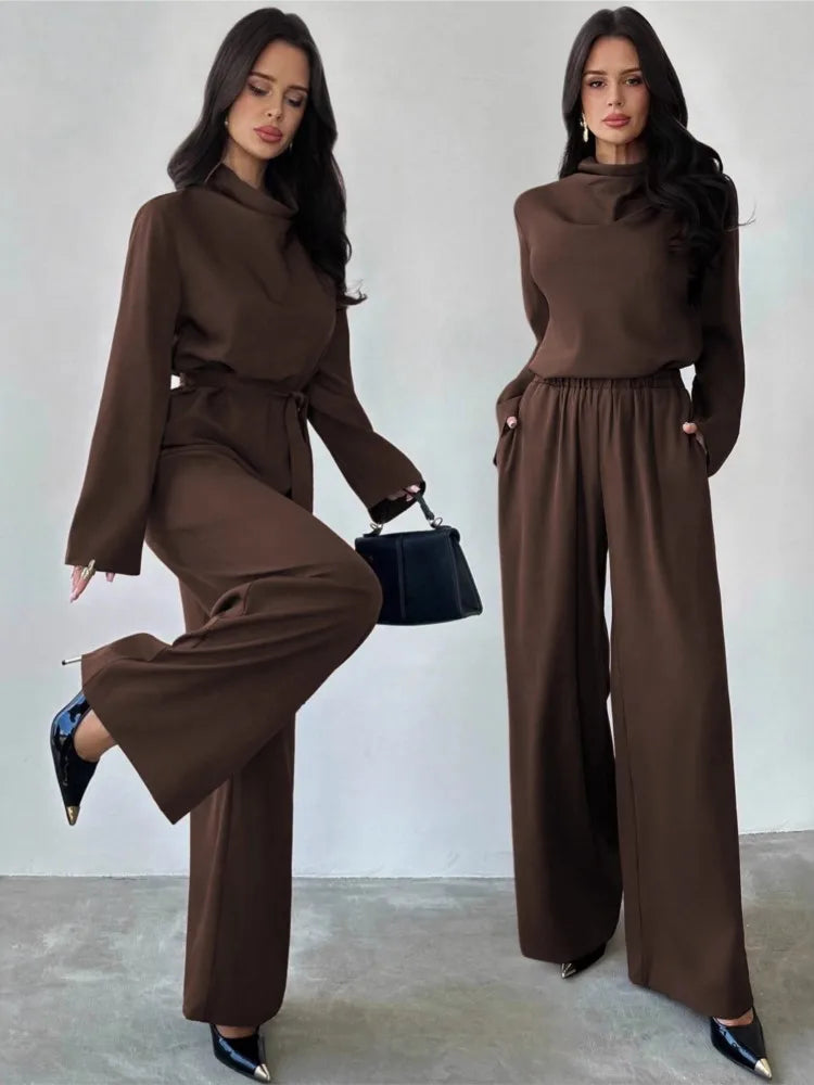 Simple Style Two Piece Outfit 2 Pieces Set For Woman New In Matching Sets Loose Wide Leg Trouser Solid Color All-match Commuting
