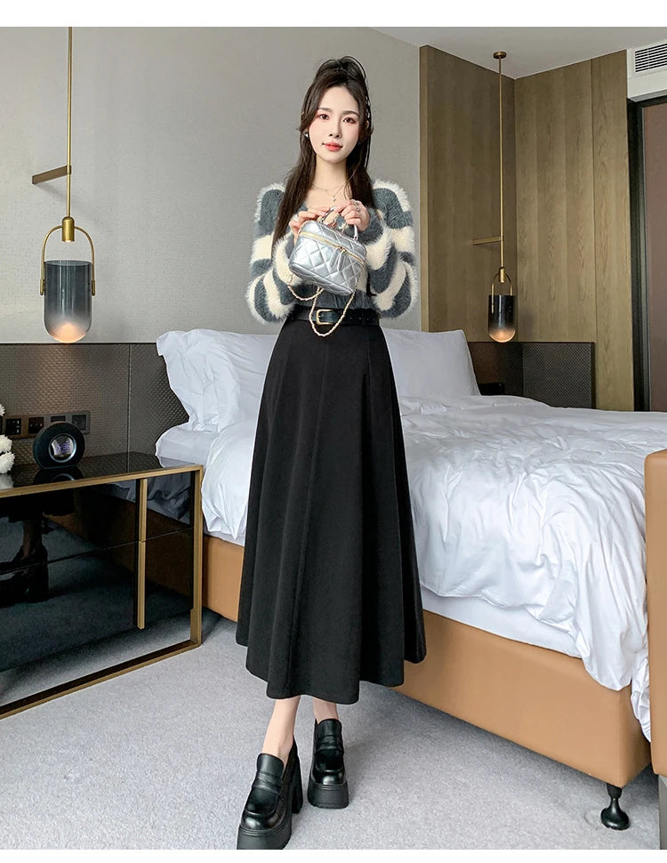 Elegant High Waist A-Line Midi Skirt Women's Fashion Slimming Skirts Autumn Winter New Style Loose Flared Mid-Length Skirts