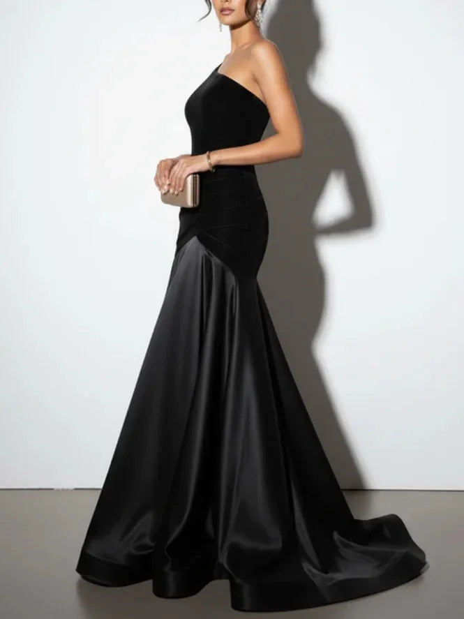Elegant Party Dresses Women Fashion Waist Slim A-line Spliced Long Dress Female Off-shoulder Velvet Patchwork Evening Gown