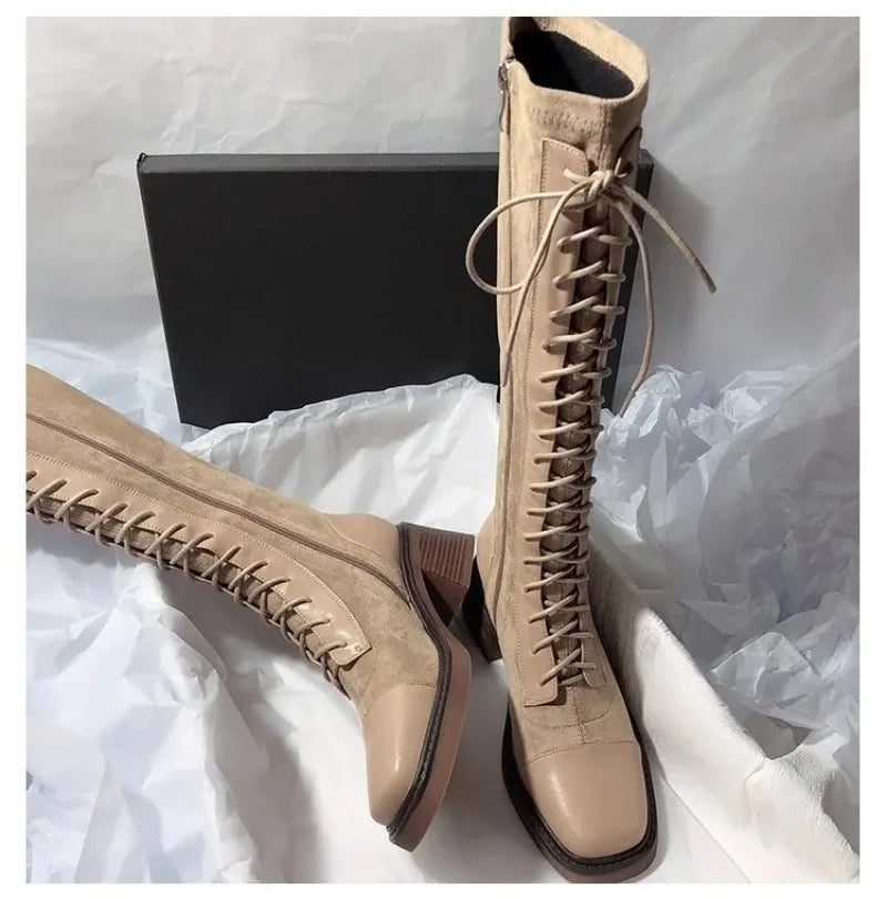 Women's Knee-high Boots High Quality Suede Leather Boot Lace Up Slim Long Tube Boots Knee-high Chelsea Boot Women Fashion Boots