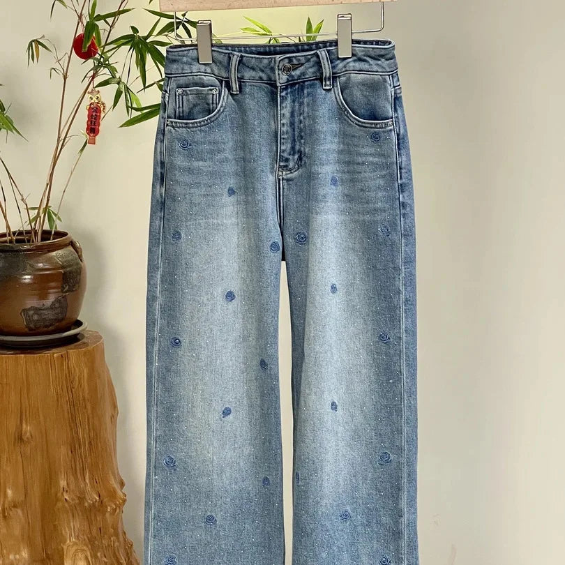 Spring 2025 High Waist Loose Fit Glitter Embroidered Floral Denim Pants Women's Wide Leg Jeans Stylish Casual High Waist