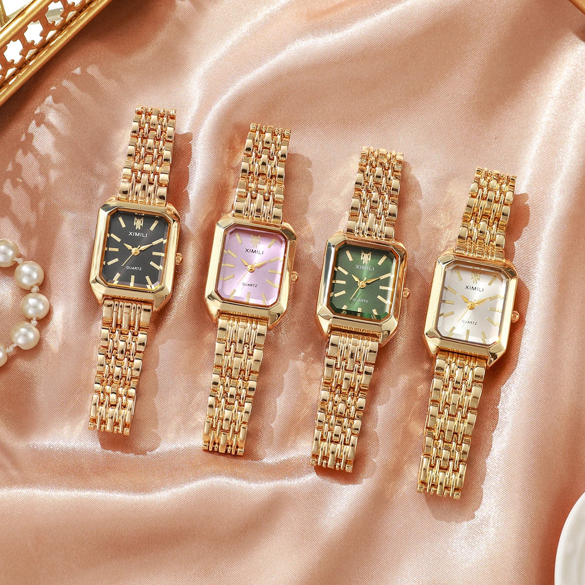 1/2/4PCS Luxury Women Watches Fashion Rectangle Woman Quartz Watch Stainless Steel Band Wristwatches Reloj Mujer（Without Box）