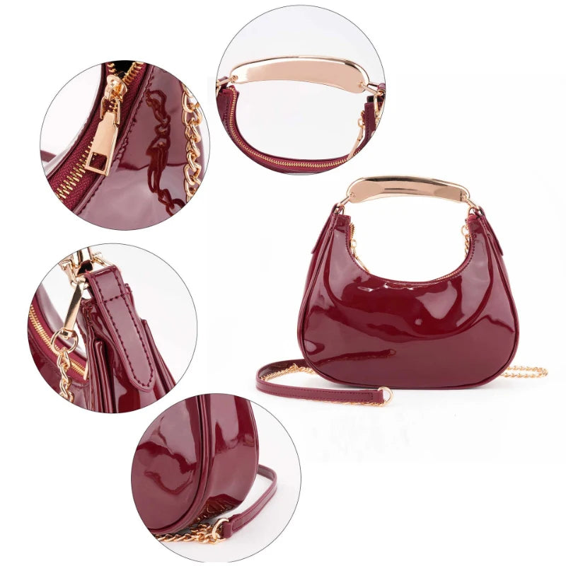 Trendy Burgundy Leather Shoulder Bag Stylish Gold Chain Hobo Bag With Metal Handle Minimalist Half-moon Crossbodybag Evening Bag