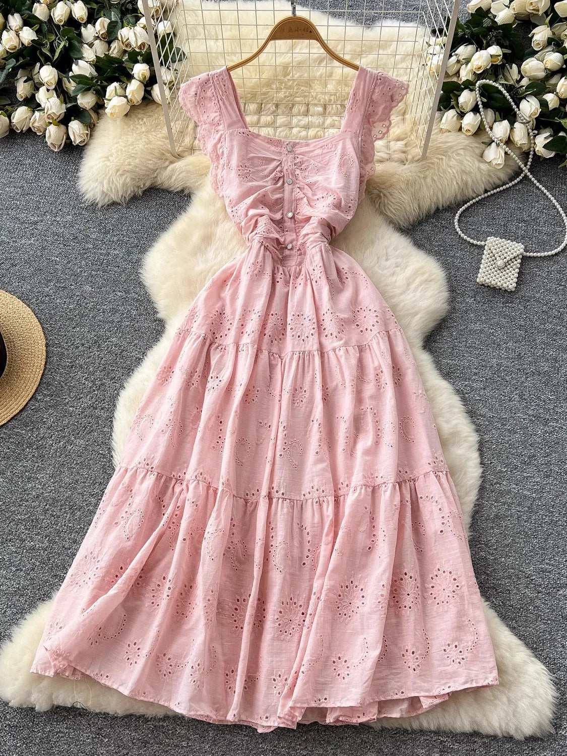 2025 Vintage Summer Elegant Square Neck Dress Lace Embroidered Cinched Waist Vestidos for Women Elegant Party Dress New Fashion