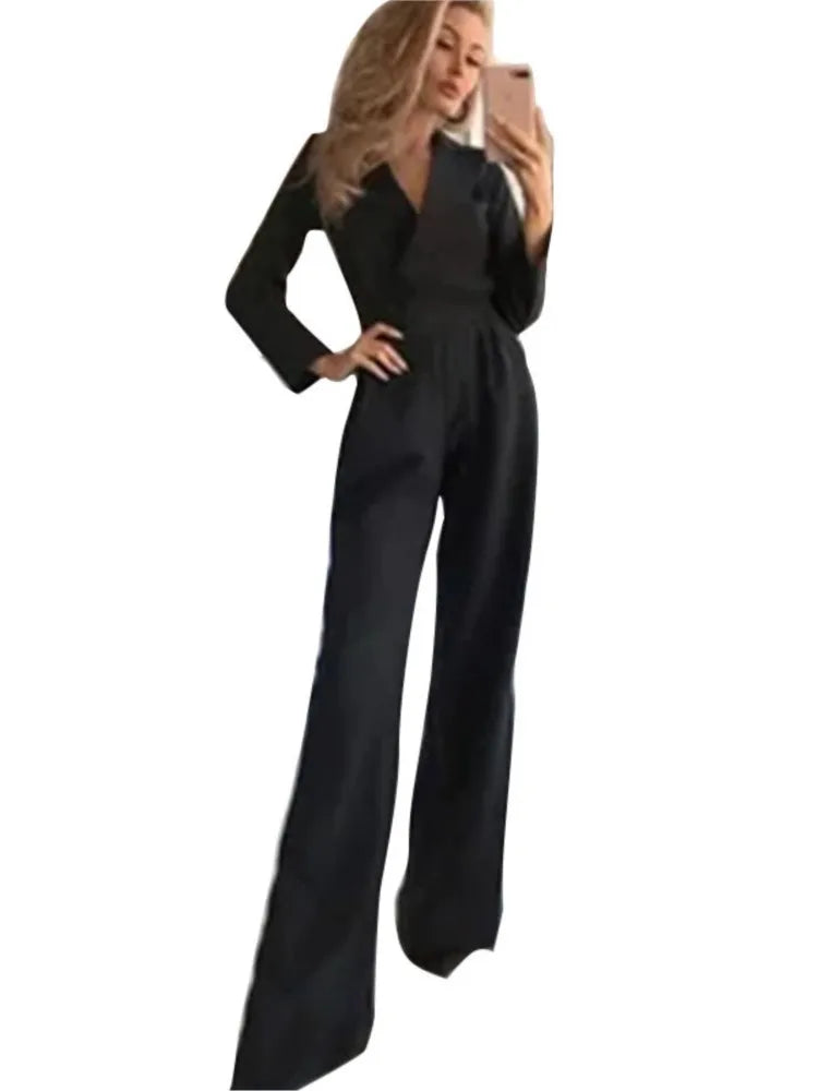Spring Summer  Jumpsuit Women Mid Waist Elegant Commuting Long Sleeve Suit Overalls Wide Leg Pant Casual Solid Waist Jumpsuit