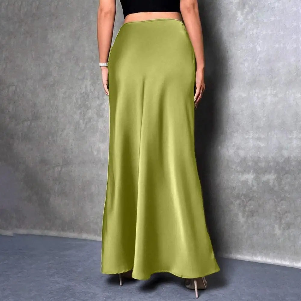 Women Fishtail Skirt Elegant High Waist Flattering Silhouette Satin Skirt Solid Color Smooth Surface A-Line Maxi Skirt