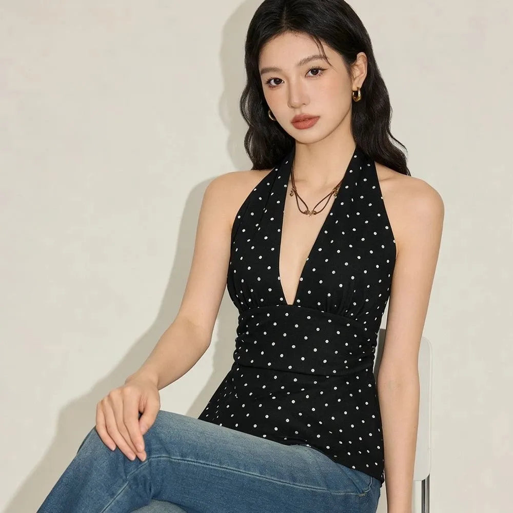 Fashion Sleeveless Women Crop Top Pleated Deep V Neck Halter Ruffle Vest Y2k Beach Wear Lace-up Dots Camisole Beach