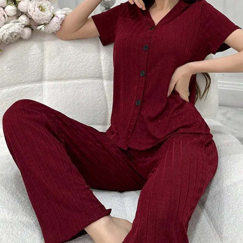 Women Summer Pajamas Set Short Sleeve V-neck Solid Rib T-shirt with Pants Loose Sleepwear Homewear Female Casual Loungewear