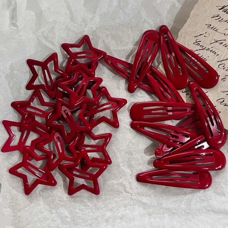 10Pcs/set Red Star Snap Clip for Girl Waterdrop Barrettes Black Hairpin Women Hair Clip Accessories Kawaii BB Clip New Sweet