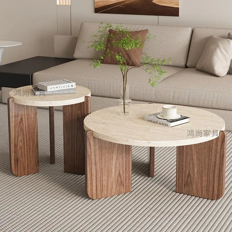 Wabi Sansan Solid Wood Travertine Coffee Table Household Coffee Table Living Room Minimalist Round Natural Travertine Rock Slate