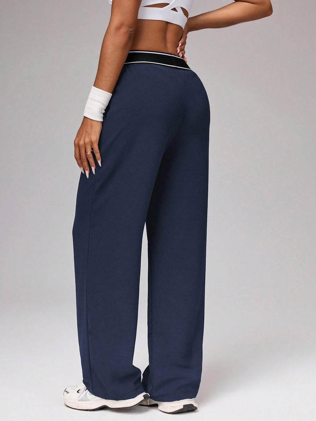 Women's High Waist Wide Leg Pants, Striped Waistband Loose Fit Casual Trousers, Lightweight Breathable Workout Joggers