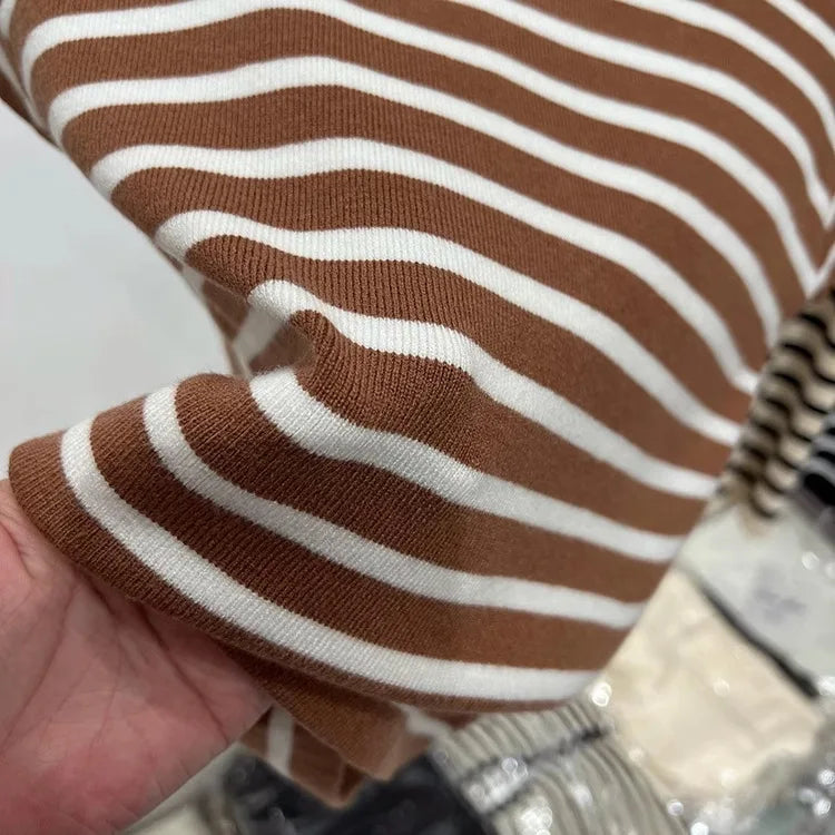 Half Turtleneck Pullover Striped Sweater Sweater Slim Fit Top Shirt Women's Early Spring and Autumn Short Sleeve Bottoming Shirt