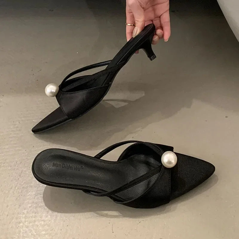 New 2025 Summer Open Toe Women Slippers Sexy Pointed Toe Slides Sandals Elegant Pearls Decoration Thin High Heels for Women