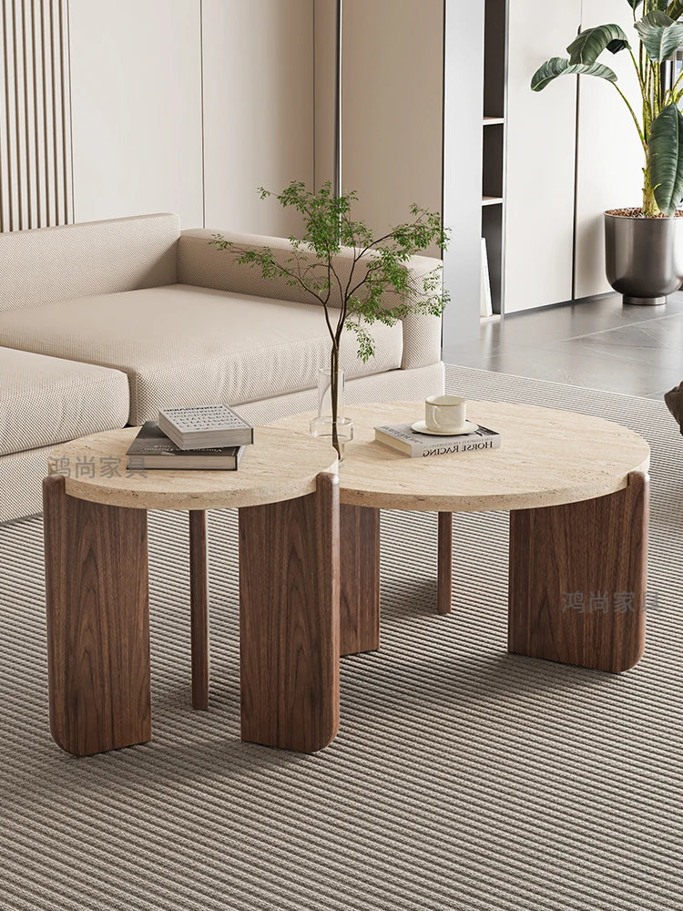Wabi Sansan Solid Wood Travertine Coffee Table Household Coffee Table Living Room Minimalist Round Natural Travertine Rock Slate