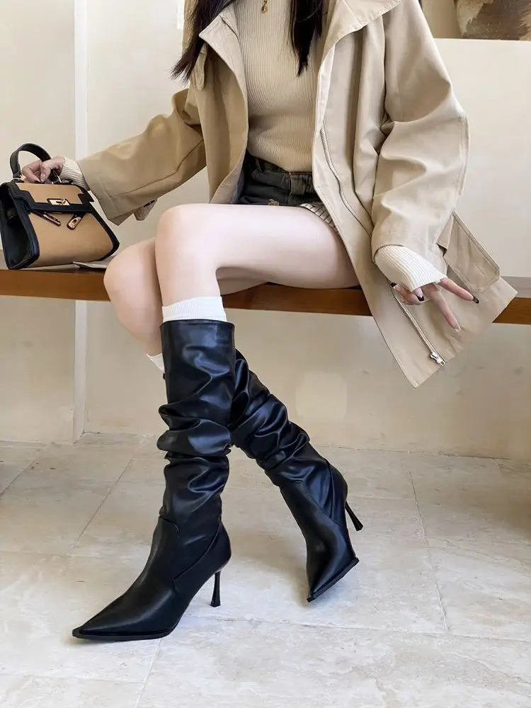 Retro Pointed Toe Slim Heel Long Boots Women's Autumn Winter New Lightweight Luxury Folded Edge Boots Casual round Toe