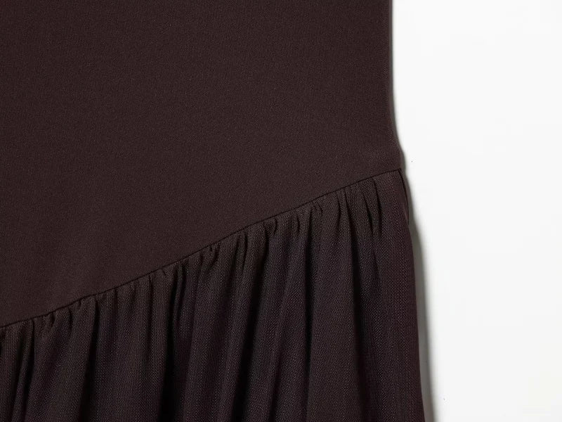 ETJ Women Brown Sleeveless High Neck Midi Dress Pleated Skirt Flowy Wrap Dress Minimalist Elegant Office Party Wear 2026
