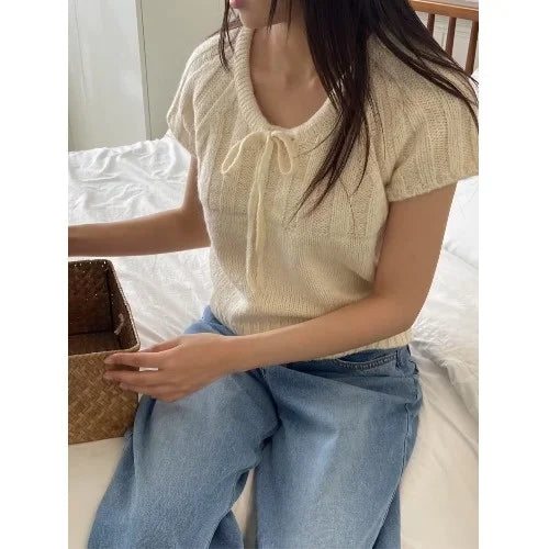 Loose ort Sve Knitted Sweater Women's Dstring Knot  Knot Overhead Sweatirt Casual Sle Online Exclusive