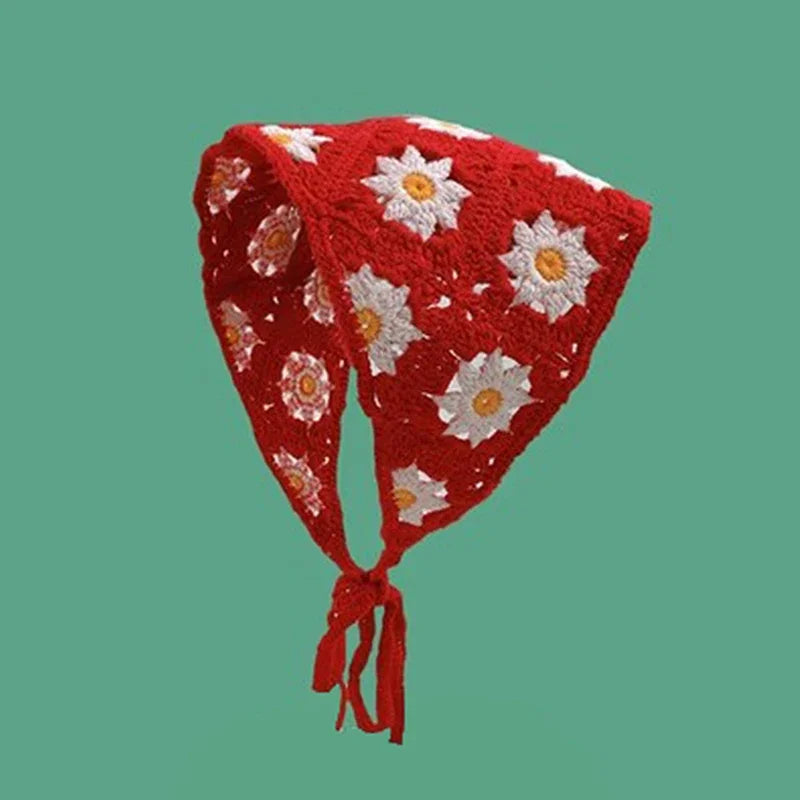 Korean Sweet Cute Handmade Crochet Hollow Triangle Headband Towel Women Spring and Summer Travel Literary Photo Hair Scarf