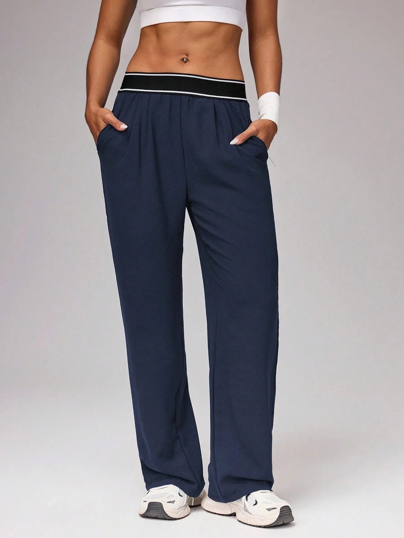 Women's High Waist Wide Leg Pants, Striped Waistband Loose Fit Casual Trousers, Lightweight Breathable Workout Joggers