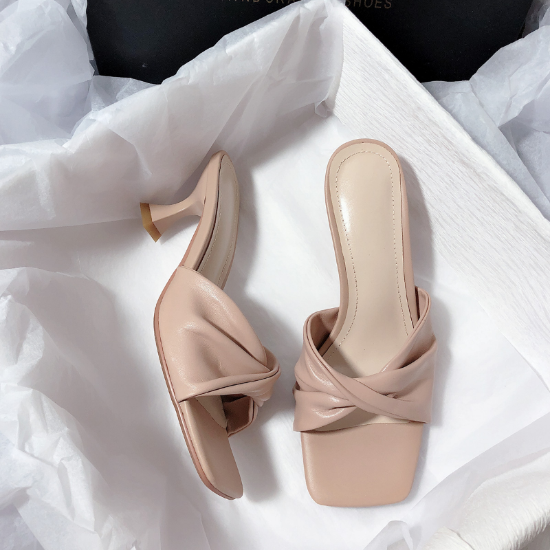 Fashion Summer Women Shoes New Handmade Square Open Toe High Heels Outdoor fashion Slippers Apricot Off white size 35-40
