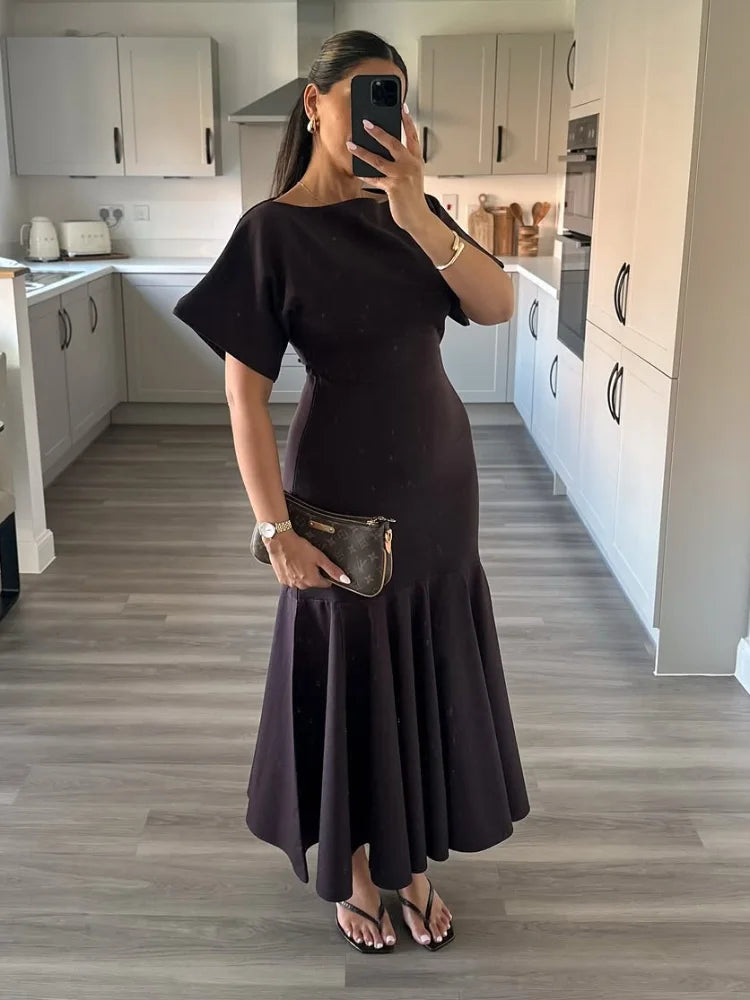 Elegant Patchwork Maxi Dress Women Solid Round Neck Short Sleeve Slim Fit Gowns Lady 2026 New Basic Evening Casual Summer Robes