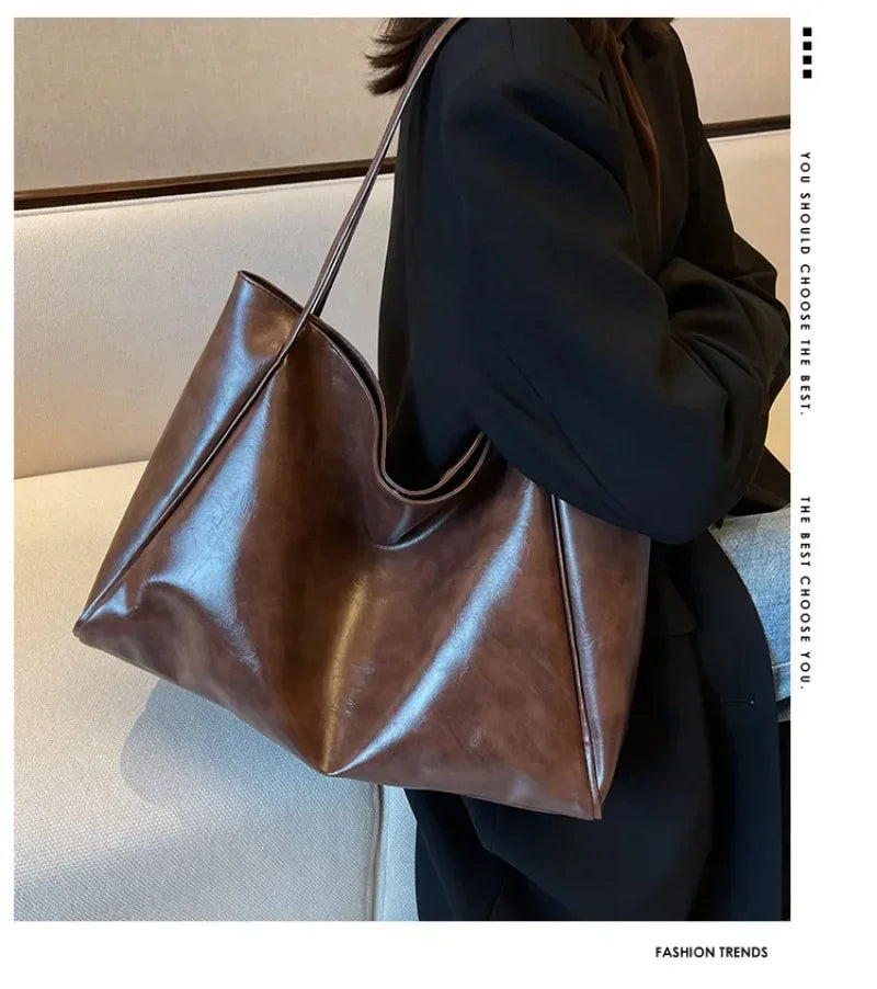 Women’s Fashion Tote Bag – Large Capacity Soft PU Leather Retro Shoulder & Crossbody Bucket Bag