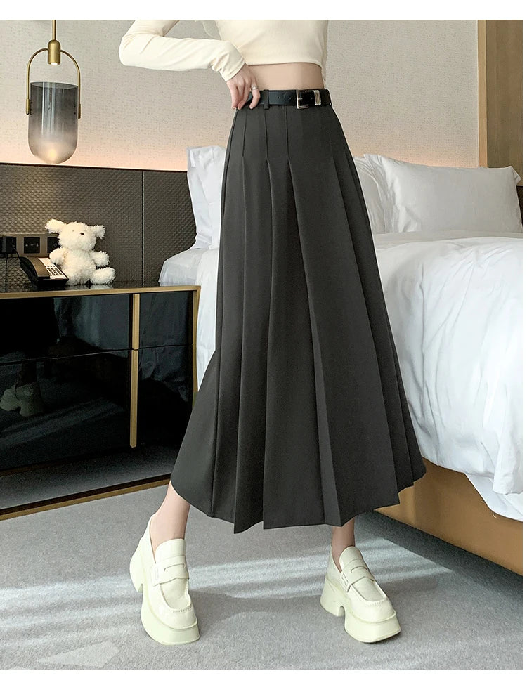 [EWQ] Elegant Solid Color Mid-Length All Match Skirt For Women 2026 Spring Summer Loose High Waist A-Line Pleated Skirts 16O9169